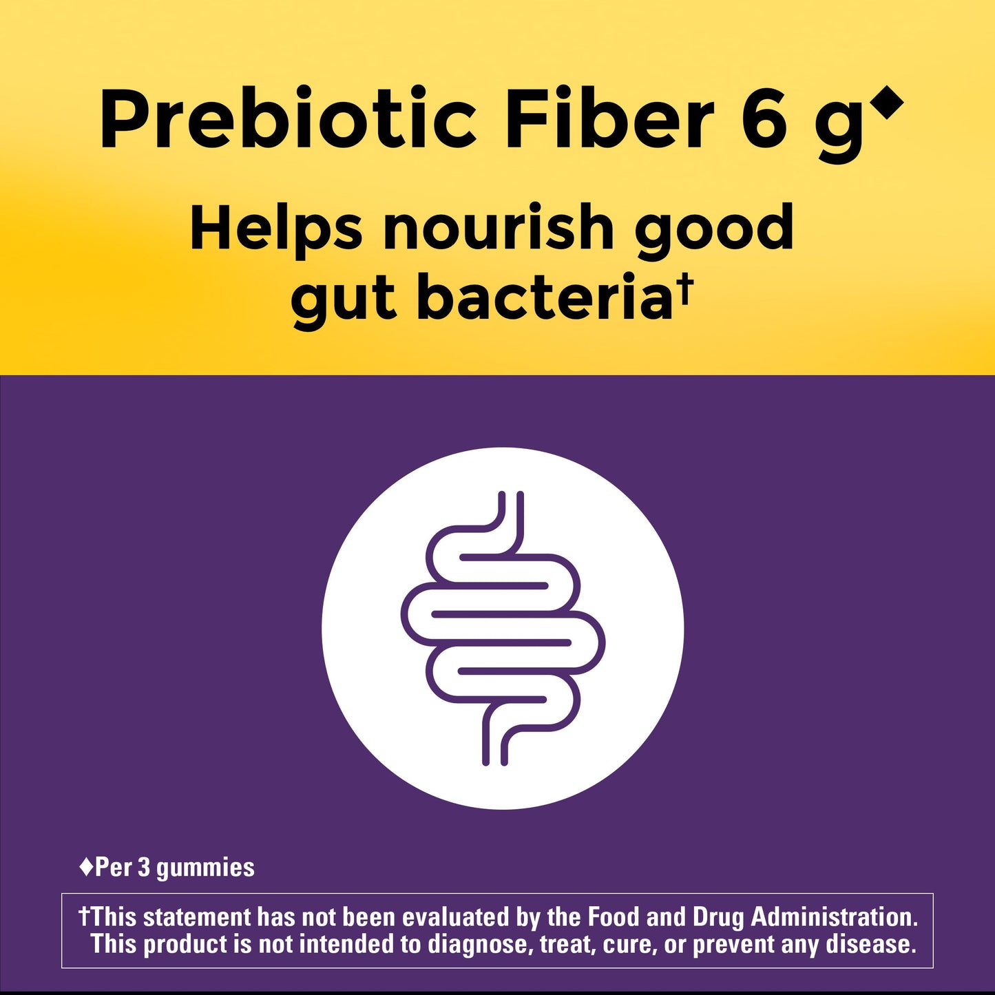 Prebiotic Fiber 6 g per 3 gummies. Helps nourish good gut bacteria. This statement has not been evaluated by the Food and Drug Administration. This product is not intended to diagnose, treat, cure, or prevent any disease.